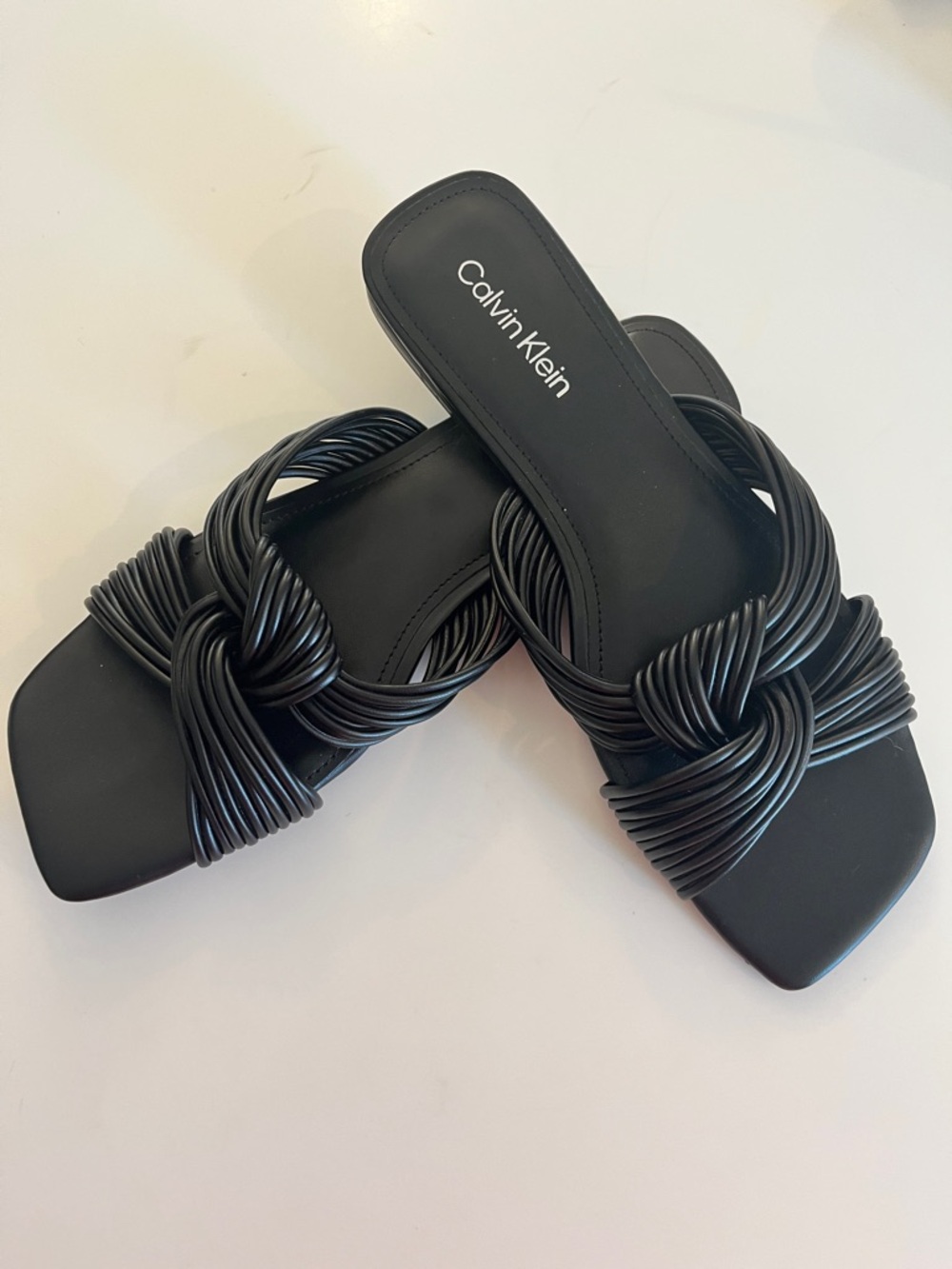 Calvin Klein Beanca Black Knot minimalist Strap Slide Sandals square toe 8 1/2